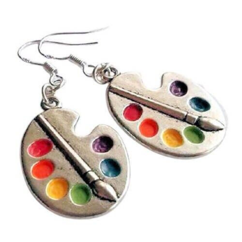 Colorful NEW Painter Pallet Artist Retro Earrings Silver French Hooks Pierced